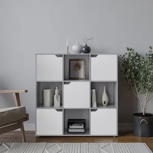 URBNLIVING 9 Cube Grey Wooden Bookcase Shelving Display Shelves Storage Unit Wood Shelf White Door