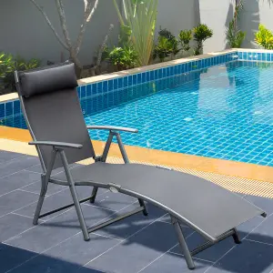 Outsunny Sun Lounger Recliner Foldable 7 Levels Textilene Grey Patio