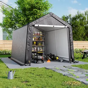 8x12FT Galvanized Tube Storage Shed Dark Grey with Roll-up Door