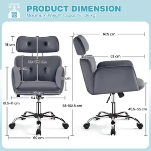 Yaheetech Velvet Desk Chair with Adjustable Headrest - Dark Grey