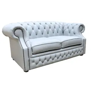 Chesterfield 2 Seater Sofa Moon Mist Grey Leather In Buckingham Style