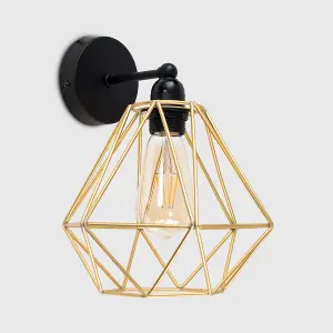 ValueLights Cambourne Industrial Satin Black Pipework Single Wall Light with Gold Metal Cage Light Shade