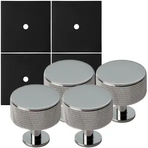 4 PACK - Cabinet Door Knob & Contrasting Backplate Set - Knurled Kitchen Pull - Polished Chrome & Black