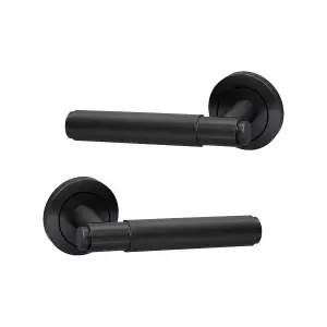 UAP Bathroom Door Handle - Pair - Lever on Rose - Developer Knurled - Bathroom Pack - Complete Set - Matt Black