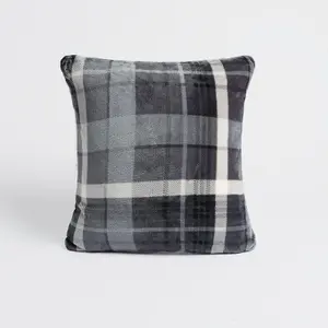 Tartan Check Cushion Covers 2 Pack Case Flannel Fleece Set, 45 x 45cm - Grey