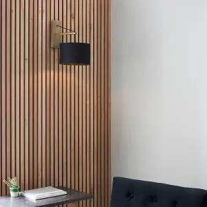 2 PACK Matt Brass Wall Light & Black Cotton Fabric Shade - Hanging Wall Fitting