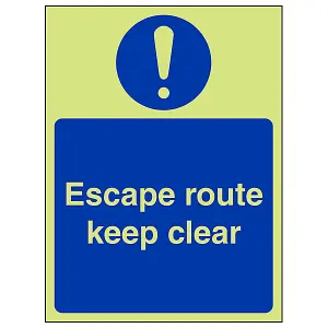 Escape Route Keep Clear Fire Door Sign Glow in the Dark 150x200mm (x3)