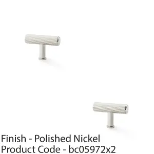 2 PACK - Reeded T Bar Cupboard Door Knob - 55mm x 38mm Polished Nickel Lined Pull Handle