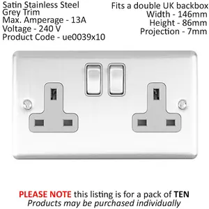 10 PACK 2 Gang Double UK Plug Socket SATIN STEEL & Grey 13A Switched Outlet