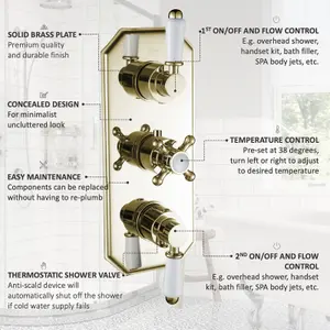 ENKI Regent English Gold White Crosshead 2-Outlet Solid Brass Thermostatic Triple Shower Valve TSV037