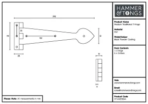 Hammer & Tongs Traditional T-Hinge - W290mm - Black - Pack of 4