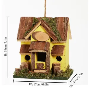 Decorative Hanging Bird House Garden Lodge Birdbox Yellow Bird Nesting Box with Moss Details