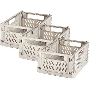 3 x Small Folding Storage Baskets - Grey Plastic Collapsing Home Storage Portable Crate Organizer Boxes - H8.7 x W14.7 x D22.2cm