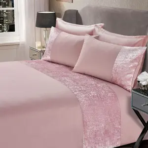 Sienna Crushed Velvet Panel Duvet Cover with Pillow Case Set - Blush, Single