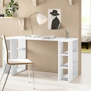 Simone Modern Desk with Built-in Bookcase – Stylish Workspace Desk with 6 Open Shelves White / White