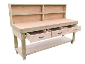 Wooden Eucalyptus hardwood top workbench, tool cabinet with drawers (V.1) (H-90cm, D-70cm, L-240cm) with back and wheels