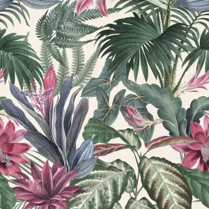 Grandeco Delicate Jungle Botanical XXL Leaves & Flowers Green & Pink 3 Lane Repeatable Wallpaper Mural 159 x 280cm