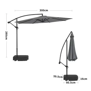 3M Outdoor Dark Grey Cantilever Crank Tilt Swivel Banana Umbrella Sunshade with 60L Fillable Base