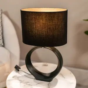 ValueLights Tia Black Hoop Ceramic Bedside Table Lamp with a Fabric Lampshade Living Room Light - Bulb Included