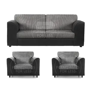 Luxor Jumbo Cord 3 + 1 + 1 Fabric 3 Piece Sofa Suite - Fullback Black and Grey