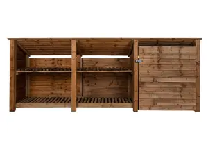 Wooden tool and log store (roof sloping back), garden storage with shelf W-335cm, H-126, D-88cm - brown finish