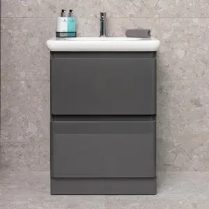 Marvel 600mm Floor Standing Bathroom Vanity Unit in Dark Grey Gloss with Round Resin Basin