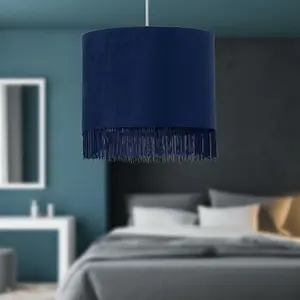 First Choice Lighting Set of 2 Tassel Navy Blue Velvet with Chrome Inner Easy Fit 25cm Pendant Shades