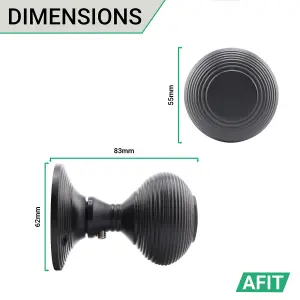 AFIT Beehive Reeded Black Door Knobs - 3 Pairs of Matt Black Mortice Knobs (55mm) for Internal Doors