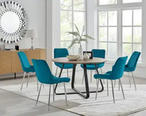 Furniturebox UK Santorini Brown Round Round Dining Table And 6 Blue Pesaro Silver Leg Chairs