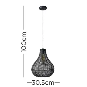 ValueLights Torin Black Woven Wicker Rattan Teardrop Basket Ceiling Light Shade - Complete with 6w LED GLS Light Bulbs 3000K