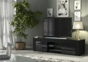 TV Unit 130cm Modern Black with High Gloss Doors - Creative Furniture