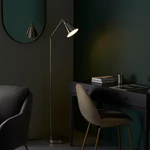 Bright Nickel Standing Floor Lamp Light - White Inner Shade - Knurled Detailing