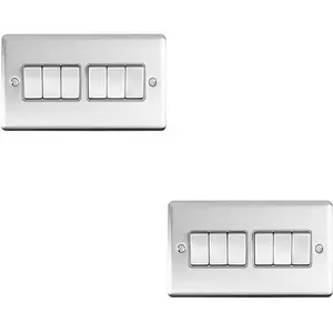 2 PACK 6 Gang Metal Multi Light Switch SATIN STEEL 2 Way 10A Grey Trim