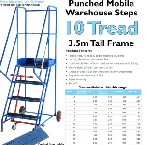 10 Tread Mobile Warehouse Stairs Punched Steps 3.5m EN131 7 BLUE Safety Ladder