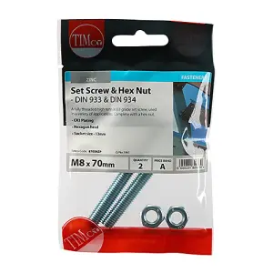 Timco - Set Screws & Hex Nuts - Grade 8.8 - Zinc (Size M8 x 70 - 2 Pieces)