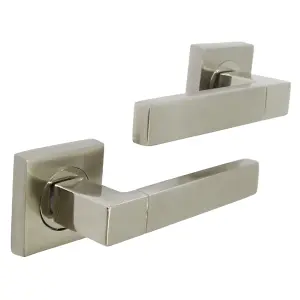 Cafri Line Door Handle Satin Nickel Rectangular Lever on Square Rose Internal Latch Handles