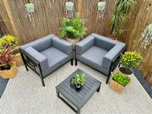 Garden Armchair Lounge Chair Outdoor Black Wooden Frame & Comfy Grey Cushions - Cori