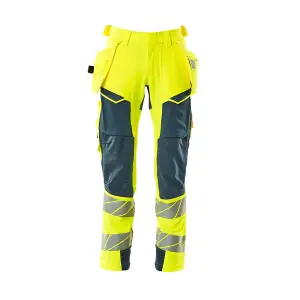 Mascot Accelerate Safe Trousers with Holster Pockets - Hi-Vis Yellow/Dark Petroleum   (52.5) (Leg Length - Regular)