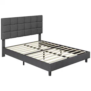 Size Modern Upholstered Bed Frame with Square Tufted Headboard Dark Grey / Double (4'6)