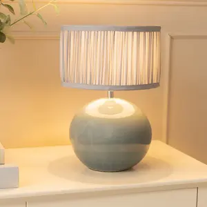 ValueLights Bosco Eucalyptus Ceramic Table Lamp with Ruched Pleated Powder Blue Fabric Drum Lamp Shade