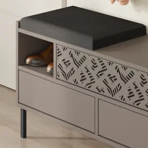 Decortie Heaton Shoe Bench Mocha Grey w/ Fabric Cushion Seat 3-door Storage Cabinet 111(W)x37(D)x56.5(H)cm Metal Legs Hallway