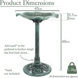 Garden Bird Bath Resin Leaf Birdbath With Rustic Metal Effect H60cm Green Christow