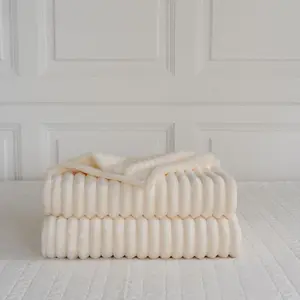 Chunky Ribbed Cord Faux Fur Velvet Touch Sofa Bed Throwover Soft touch Blanket Cream  (150 x 200CM)