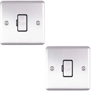 2 PACK 13A DP Unswitched Fuse Spur SATIN STEEL Black Mains Isolation Wall Plate