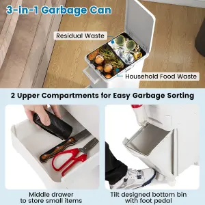 COSTWAY 3 in 1 Plastic Step-on Trash Can Kitchen Garbage Bin w/ Wheels