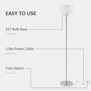 HOMCOM Modern Floor Lamp w/ K9 Crystal Lampshade for Living Room Study Silver