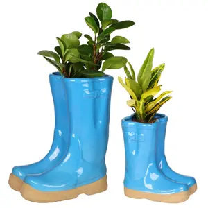 Set of 2 Little and Large Bright Blue Ceramic Indoor Outdoor Flower Pot Garden Planter Pots