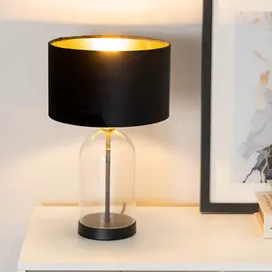 ValueLights Jessy Glass with Black Trim Table Lamp with Black Velvet with Gold Inner Lamp Shade