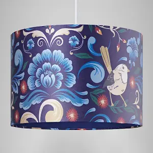 Vivid Floral Midnight Blue Satin Fabric 12 Drum Lamp Shade with Bird Decoration