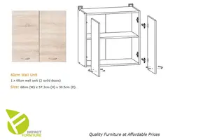 Kitchen Wall Cabinet 600mm Unit 2 Door Cupboard Sonoma Light Oak Junona